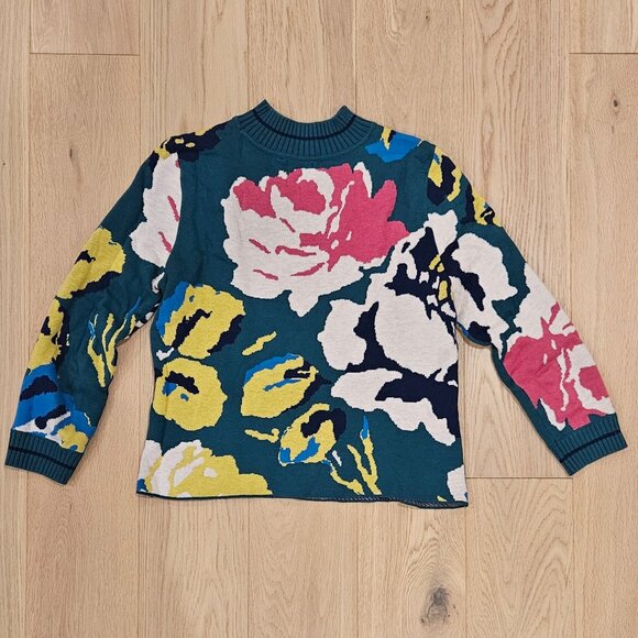 Anthropologie Laine Floral Knit Emerald Green Crew Neck Women's Sweater - Picture 2 of 5